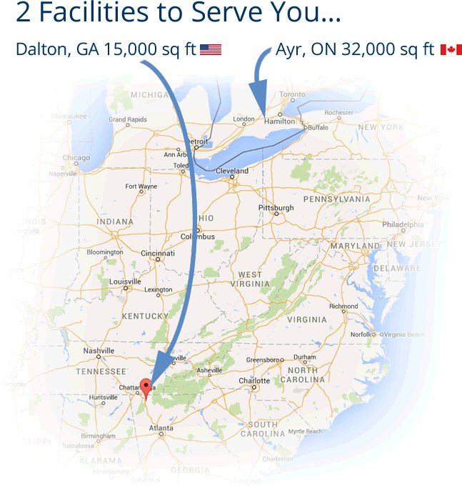 map of facilities in Ayr ON and Dalton GA